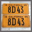 1934 California YOM License Plates For Sale - Original Pair 8D43