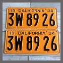 1934 California YOM License Plates For Sale - Repainted Vintage Pair 3W8926