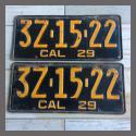 1929 California YOM License Plates For Sale - Original Vintage Pair 3Z1522