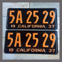 1937 California YOM License Plates For Sale - Restored Vintage Pair 5A2529