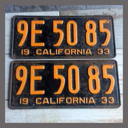 1933 California YOM License Plates Pair Original 9E5085