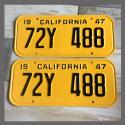 1947 California YOM License Plates For Sale - Restored Vintage Pair 72Y488
