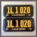 1951 California YOM License Plates For Sale - Restored Vintage Pair 1L1020
