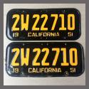 1951 California YOM License Plates Pair Original 2W22710