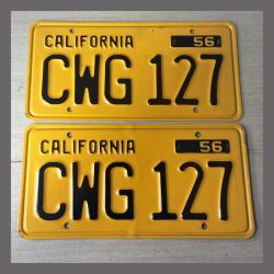 1956 California YOM License Plates For Sale - Original Vintage Pair CWG127