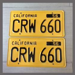 1956 California YOM License Plates For Sale - Restored Vintage Pair CRW660