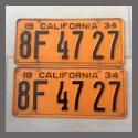 1934 California YOM License Plates For Sale - Original Pair 8F4727