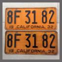 1932 California YOM License Plates For Sale - Original Pair 8F3182