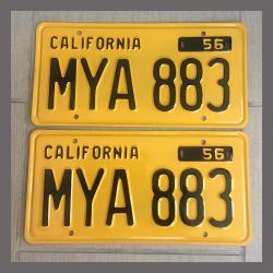 1956 California YOM License Plates For Sale - Restored Vintage Pair MYA883