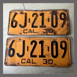 1930 California YOM License Plates For Sale - Original Pair 6J2109