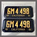 1951 California YOM License Plates For Sale - Restored Vintage Pair 6M4498