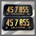 1951 California YOM License Plates For Sale - Restored Vintage Pair 4S7855