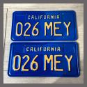 1970 - 1980 California YOM License Plates For Sale - Restored Vintage Pair 026MEY
