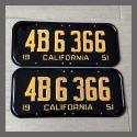 1951 California YOM License Plates For Sale - Restored Vintage Pair 4B6366