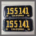 1951 California YOM License Plates For Sale - Original Vintage Pair 1S5141