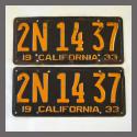 1933 California YOM License Plates Pair Original 2N1437