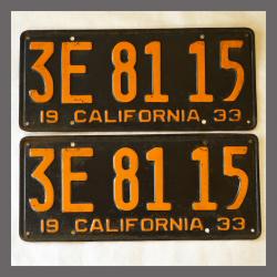 1933 California YOM License Plates Pair Original 3E8115