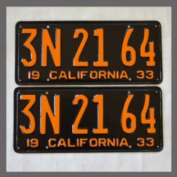 1933 California YOM License Plates For Sale - Restored Vintage Pair 3N2164