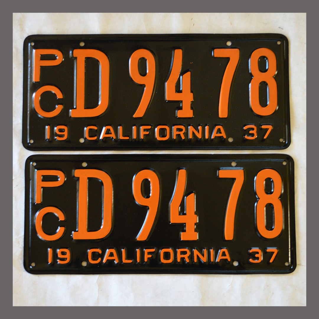 1937 California YOM License Plates For Sale - Restored Vintage Pair D9478 Truck